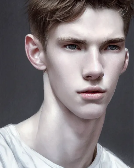 Image similar to portrait of 1 5 - year - old boy, a tall, slender boy with a pale, pointed face, white - blond hair, ice grey eyes, a pale complexion with sharp and pointed features, hyper realistic face, beautiful eyes, fantasy art, in the style of greg rutkowski, intricate, hyper detailed, smooth