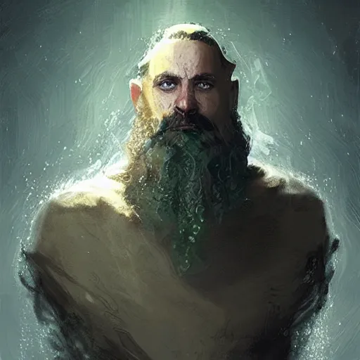 Image similar to A portrait of a cleric of Cthulu with short dark hair and a trimmed beard, he wears a cubic sandstone pendant around his neck, as dark magic emanates from his pendant tentacles spur from the water, digital art by Ruan Jia