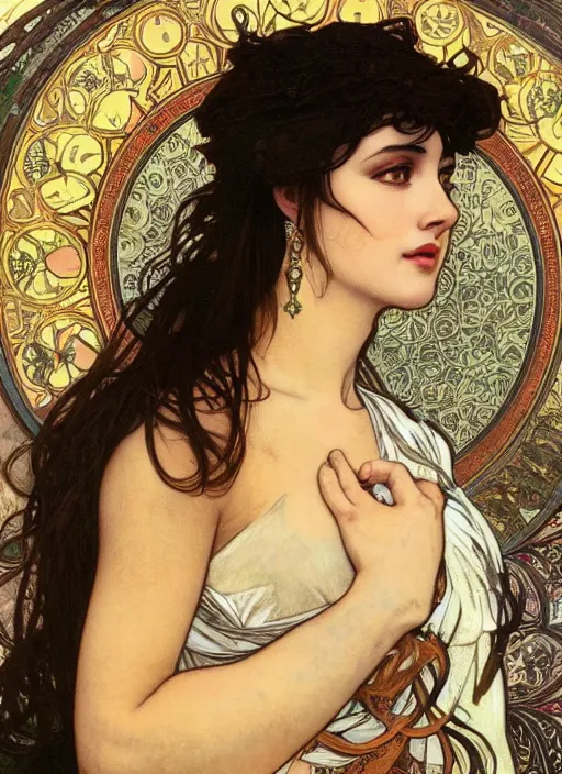 Prompt: a beautiful painting of monica bellucci by alphonse mucha and rebecca guay and john william waterhouse and mark brooks, art noveau, neo-classical, trending on artstation