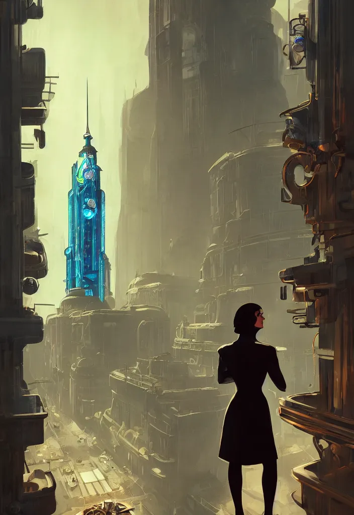 Image similar to a concept art painting of art deco bioshock style city with a woman with back to camera looking out of a window by tuomas korpi, pablo carpio, gilles beloeil, cedric peyravernay, 1 9 6 0's, trending on artstation, highly detailed, atmospheric, directional lighting, cinematic