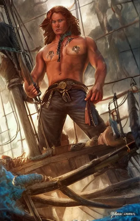 Image similar to pretty muscular sam winchester as a pirate in a pirate ship, fantasy style, sharp focus!, ultra detailed, art by artgerm and peter andrew jones, wlop