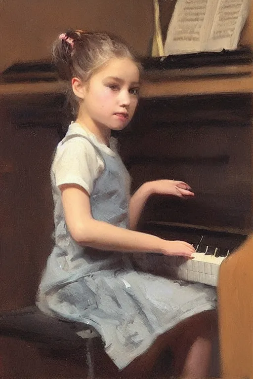 Image similar to “ little girl, pigtails hairstyle, practicing at the piano, jeremy lipking, casey baugh ”