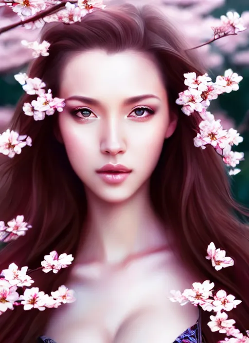 Image similar to photo of a gorgeous female in the style of stefan kostic, realistic, half body shot, sharp focus, 8 k high definition, insanely detailed, intricate, elegant, art by stanley lau and artgerm, extreme blur cherry blossoms background