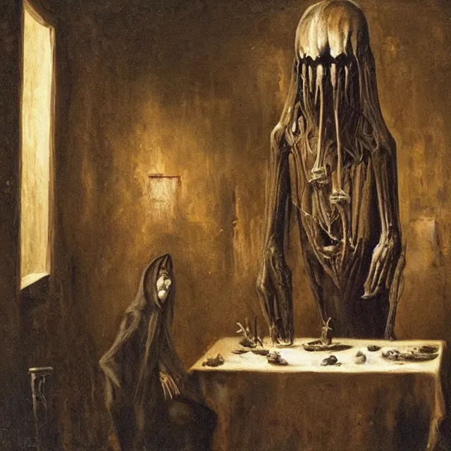 Prompt: a strange creature greeting a female explorer in a dining room, haunted house, rhads!, a hooded figure, a fierce woman, ( h. r. giger )