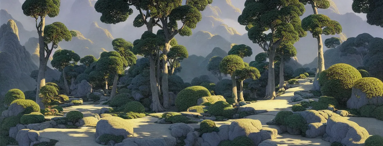 Prompt: a gorgeous very early spring landscape of tree canopies painting by barlowe wayne maxfield parrish and marco mazzoni. tree no leaf!!!! china mountain village!! grey blue and very little light verdancy. the winding stone steps. ultra clear detailed. 3 d, octane render. turbulent blood lake.