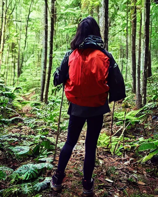 Image similar to Girl wearing backpack and adventure clothes standing in a forest, by Donglu Yu.