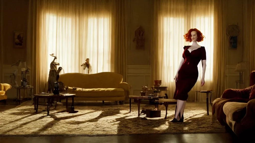 Prompt: Christina Hendricks in the living room, film still from the movie directed by Denis Villeneuve with art direction by Salvador Dalí, wide lens