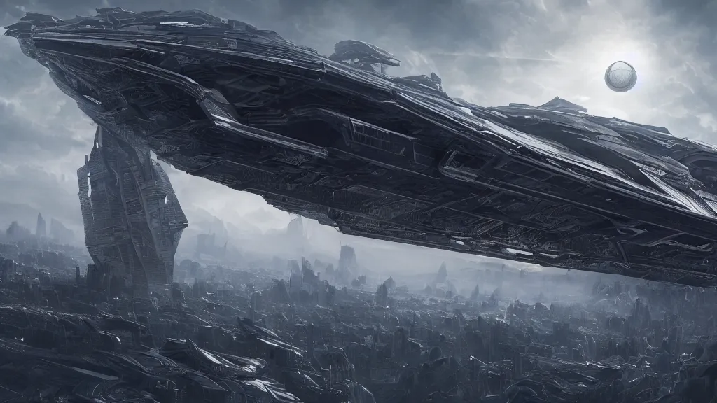 Prompt: alien geometry folding in on itself to form a megastructure hovering in the sky, cinematic concept art, trending on artstation, highly detailed matte painting