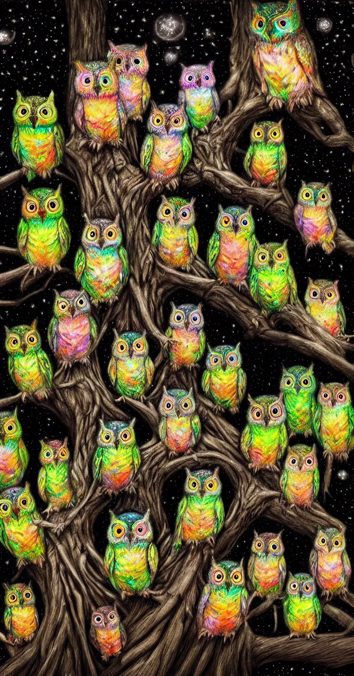 Prompt: realistic photo of too many small psychedelic owls sitting on big tree at night, very sharp focus, dark background, in the style of greg rutsowski, very hyper realistic, highly detailed, fantasy art station