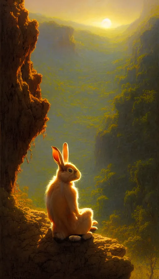 Image similar to rabbit looking off of a cliff, sun setting behind rabbit, lush forest in valley below, painted by tom bagshaw, james gurney, gaston bussiere, craig mullins, j. c. leyendecker 8 k