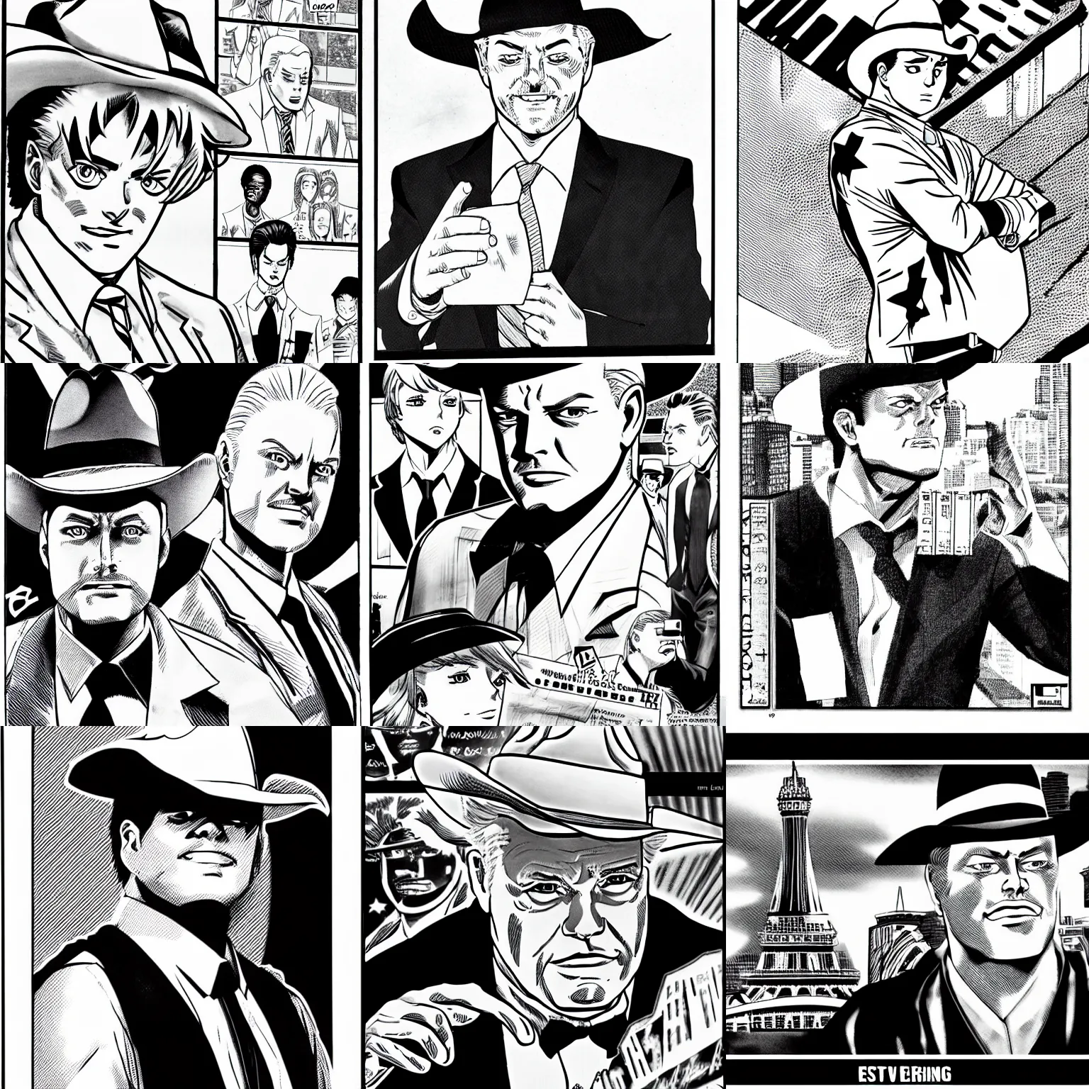 Prompt: jr ewing from dallas, as a manga panel, black and white, manga scans