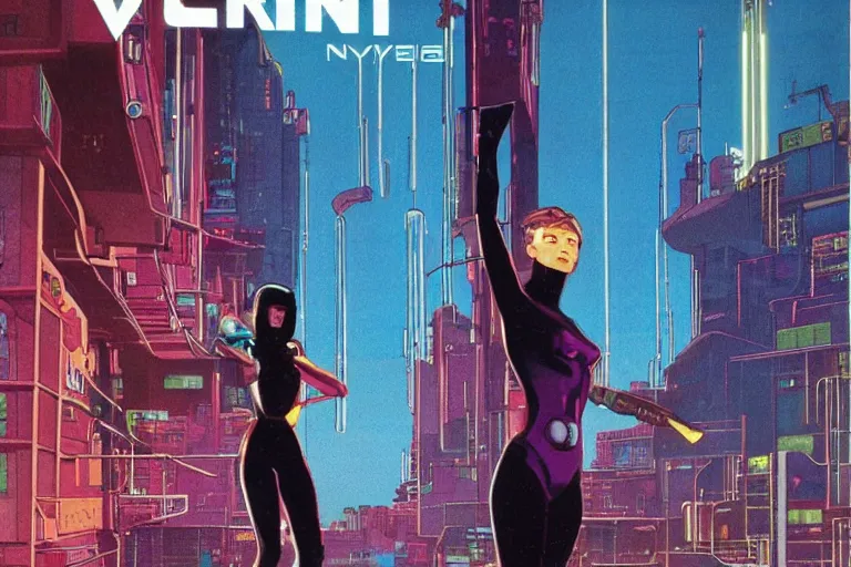 Prompt: 1979 OMNI Magazine Cover of vervet apeling Paladin . window showing neo-Tokyo streets behind her. in cyberpunk style by Vincent Di Fate