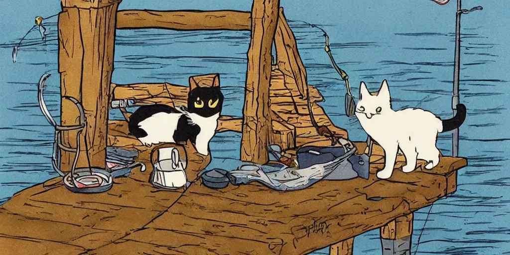 Image similar to cat sitting on the pier fishing, cartoon