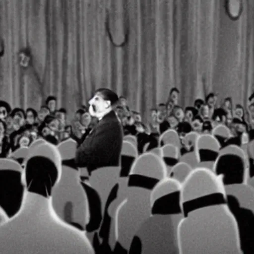 Image similar to adolf hitler speaking to a room full of the minions from despicable me