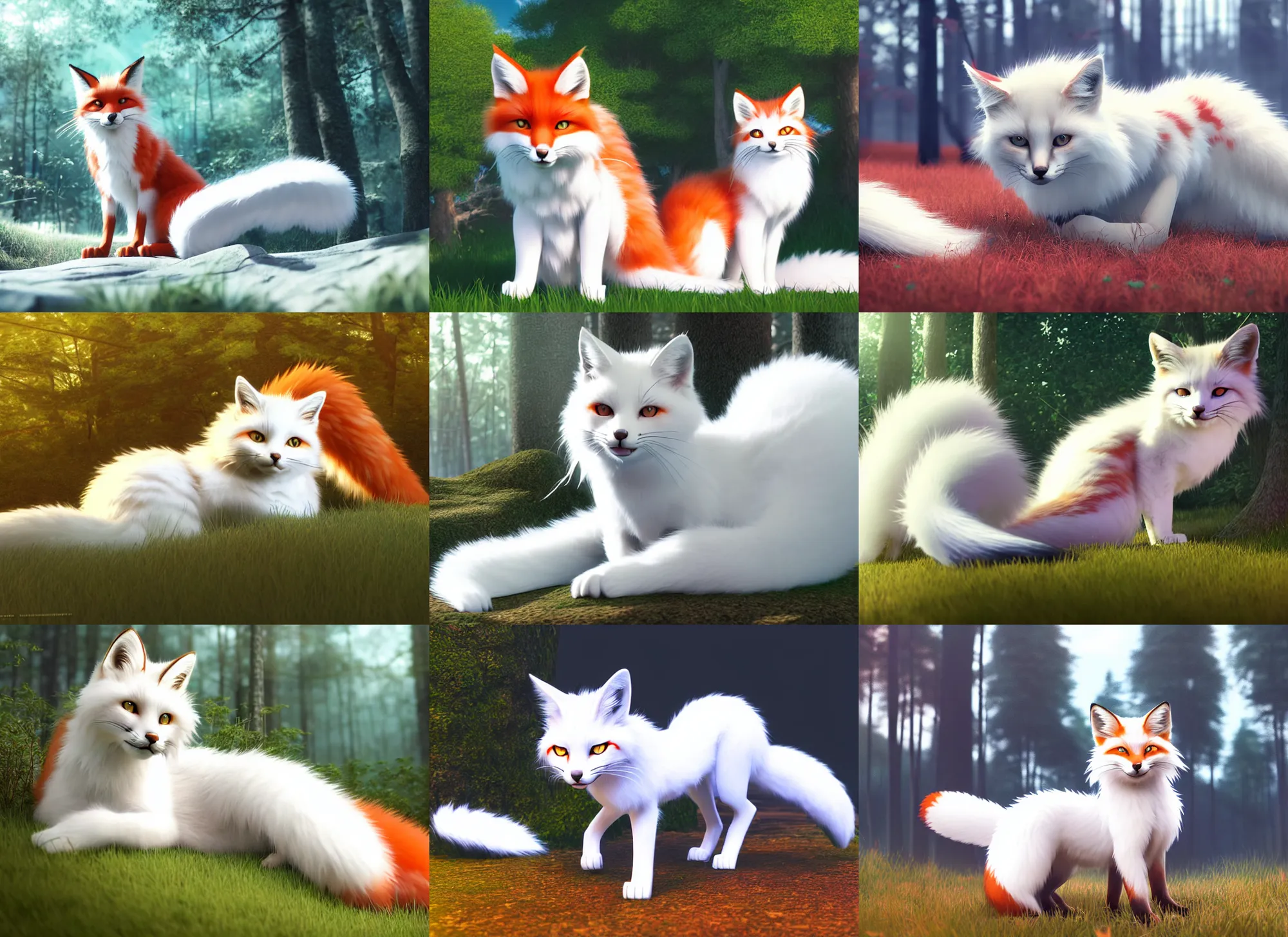 Prompt: white cat with fluffy red tail like fox tail lying at sunny forest, high detailed, hyper realistic, octane engine, anime illustration, miyazaki, ray tracing