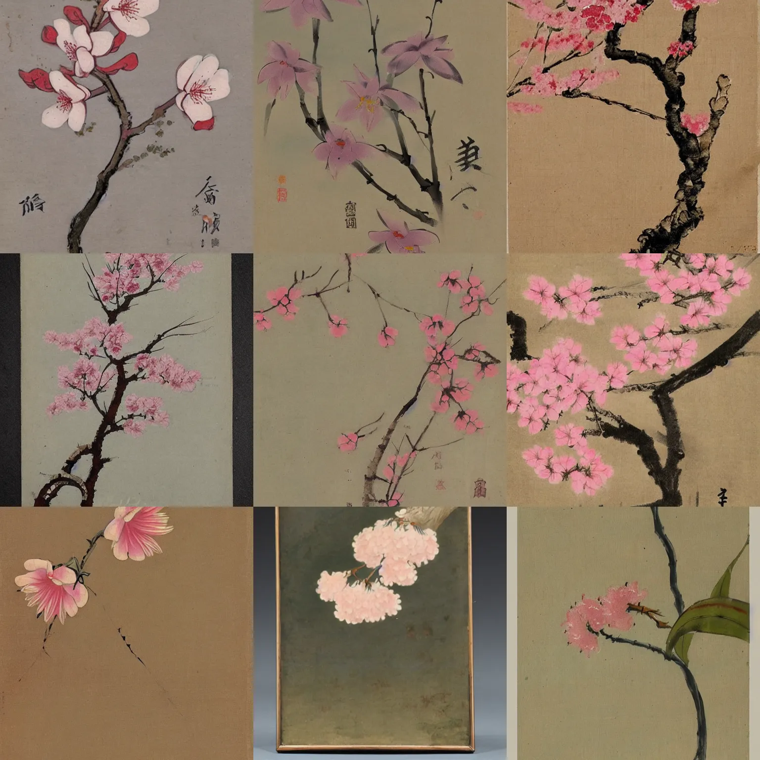 Prompt: a beautiful deformed sakura painted by an unknown artist, unknown artstyle, 1900s