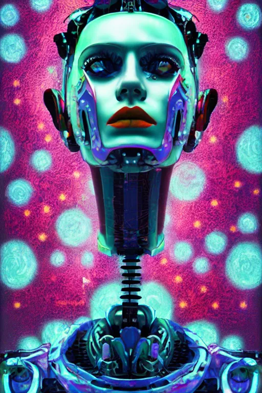 Prompt: a digital painting of a robot with flowers, cyberpunk portrait by Vladimir Tretchikoff, cgsociety, panfuturism, made of flowers, color field, dystopian art, vaporwave