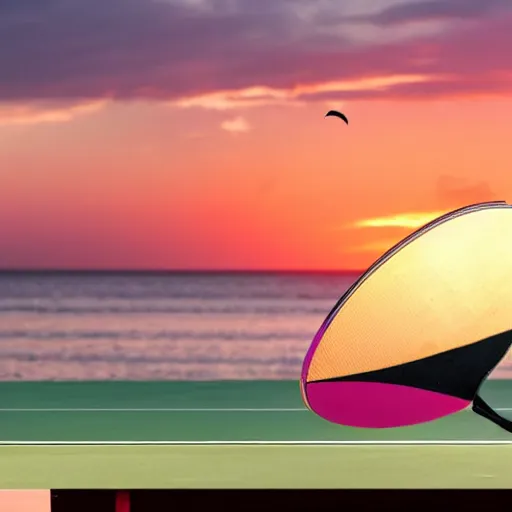 Image similar to Table Tennis bat on a table in front of a sunset at the seaside