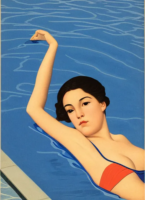 Image similar to portrait of a girl, in retro swimsuit, lying by the pool, minimalist oil painting by john godward, cheng, hsiao - ron, flat colors, beautiful lightning, sharp