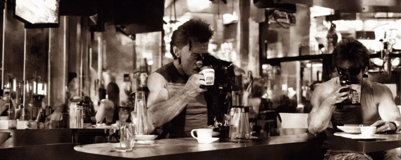 Prompt: the terminator drinking coffee at a restaurant, cinematic composition, anamorphic lens, 1 9 8 0 s, stanley kubrik, kodak film stock