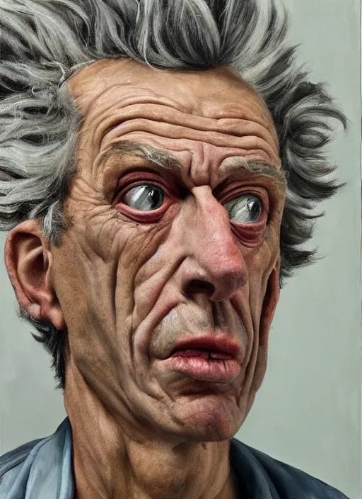 Image similar to Real life Rick Sanchez, painted by Lucian Freud, highly detailed, 8k