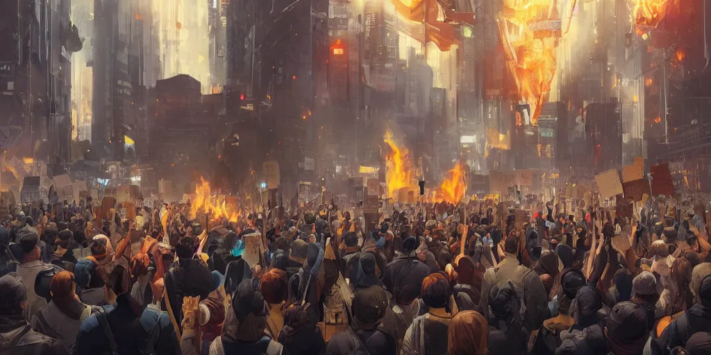 Image similar to protesters holding placards, detailed digital illustration by greg rutkowski, fire, forced perspective, android netrunner