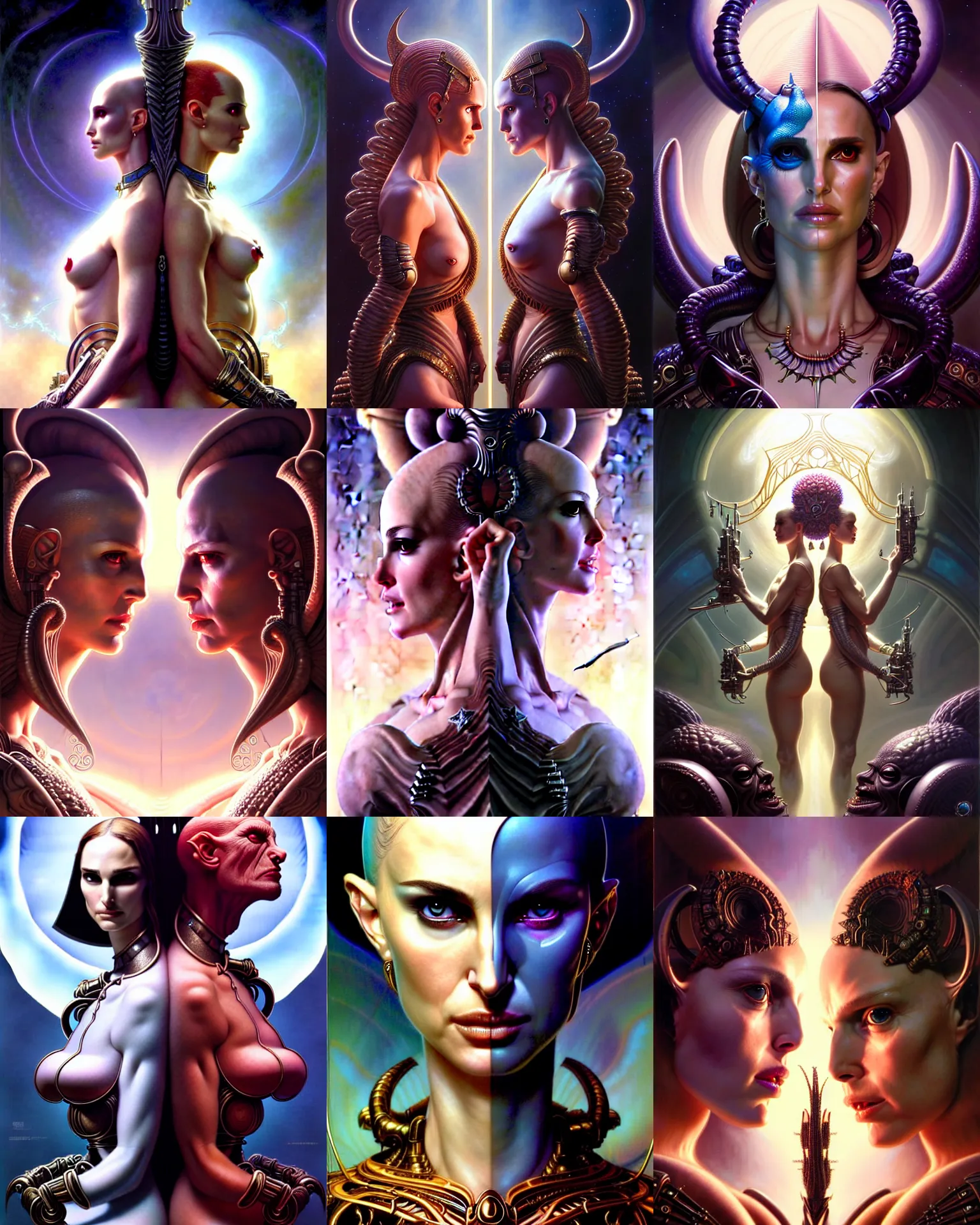 Image similar to beautiful gemini good and evil fantasy character portrait, natalie portman, ultra realistic, wide angle, intricate details, the fifth element artifacts, highly detailed by peter mohrbacher, hajime sorayama, wayne barlowe, boris vallejo, aaron horkey, gaston bussiere, craig mullins