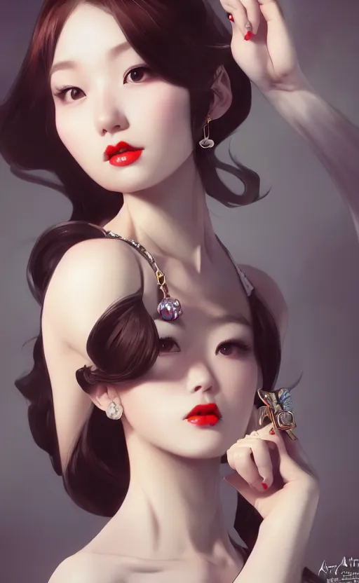 Image similar to a pin up and beautiful fashion charming dreamlke korea girl with lv jewelry, character art, art by artgerm lau and kyoung hwan kim and and ilya kuvshinov and john singer sargent, hyperdetailed, 8 k realistic, symmetrical, frostbite 3 engine, cryengine, dof, trending on artstation, digital art