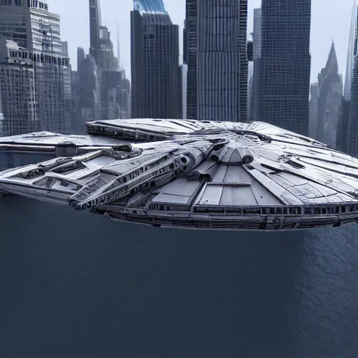 Prompt: The Millennium Falcon docked in Manhattan, New York,highly detailed,digital painting,concept art,unreal engine4,4k