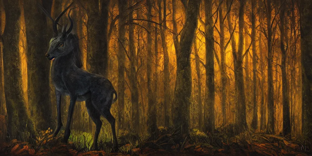 Image similar to Mavka, the mythological spirit of the forest, hiding behind trees in the dark, glowing eyes, oil painting, dramatic lighting, smooth, sharp focus, extremely detailed, exquisite