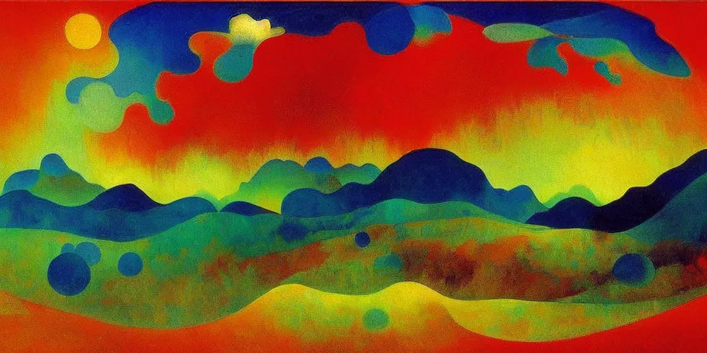 Image similar to An insane, modernist landscape painting. Wild energy patterns rippling in all directions. Curves, organic, zig-zags. Mountains, clouds. Rushing water. Waves. Psychedelic dream world. Odilon Redon. Peter Max.