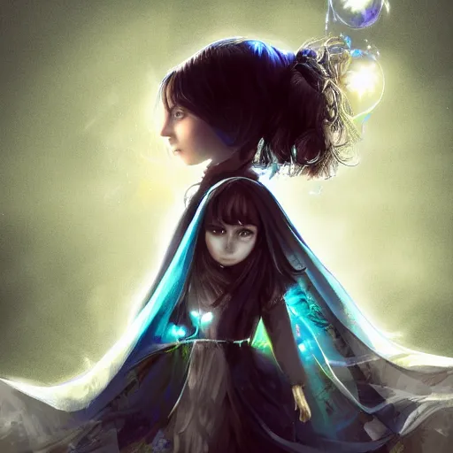 Image similar to mysterious girl child with her long black hair dressed in a chequered robe, chequered cape, carrying blue very big magical symmetrical crystal, epic scene, atmospheric, surrounded by magical light, digital art, hd, 4 k, hyper detailed