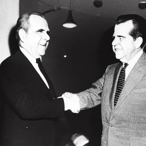 Prompt: Aliens shaking hands with Nixon, 1920s picture