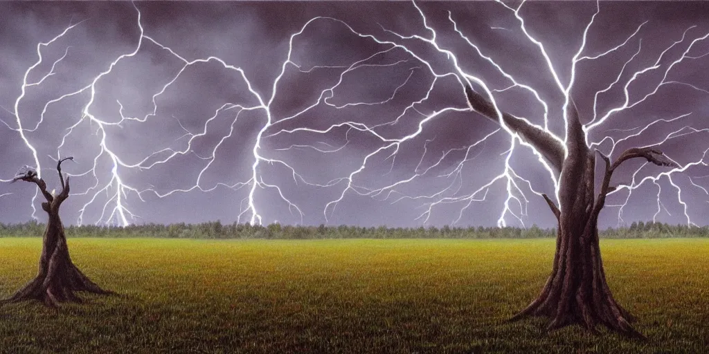 Prompt: lightning strikes a tree in the middle of a field, painting By Alex Gray,