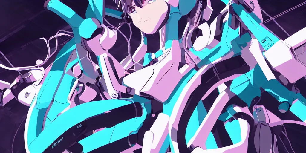 Image similar to hatsune miku piloting neon genesis evangelion mech, digital art, art station, tredning on art station,