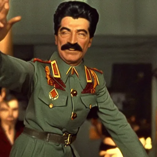 Image similar to A movie still of Stalin wearing a disco suit in Satuday Night Fever