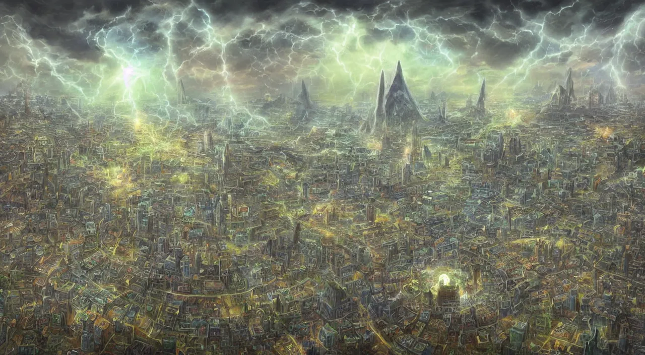 Image similar to tony diterlizzi's beautiful digital painting of sigil, the city of doors, located atop the spire in the outlands. it has the shape of a torus, and the city itself is located on the inner surface of the ring. there is no sky., digital art, volumetric lightning, amazing fantasy art