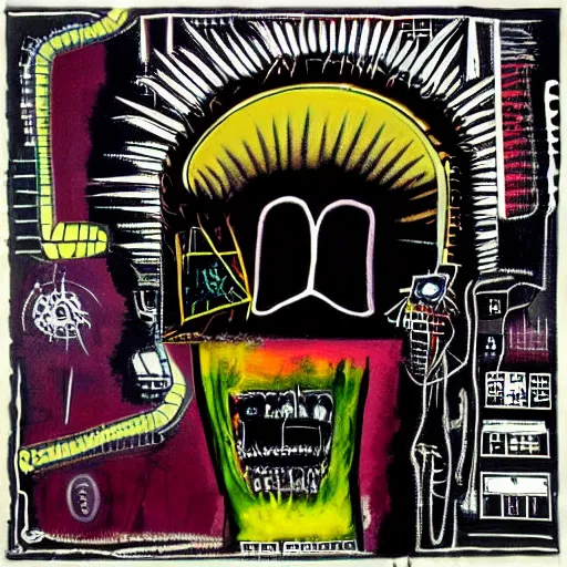 Image similar to album art designed by Giger and Basquiat for a colorful dark wave band.
