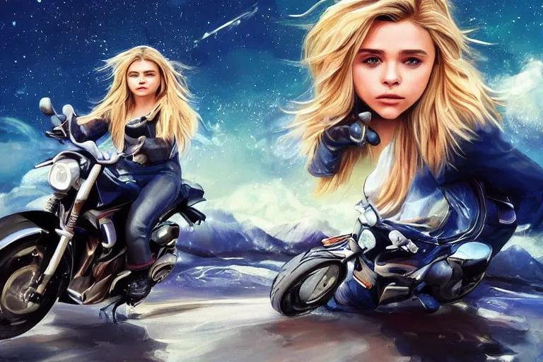 Image similar to chloe grace moretz is riding a motorbike, digital painting, artstation, the space background, concept art, by artgerm hyperdetailed trending on artstation trending on deviantart