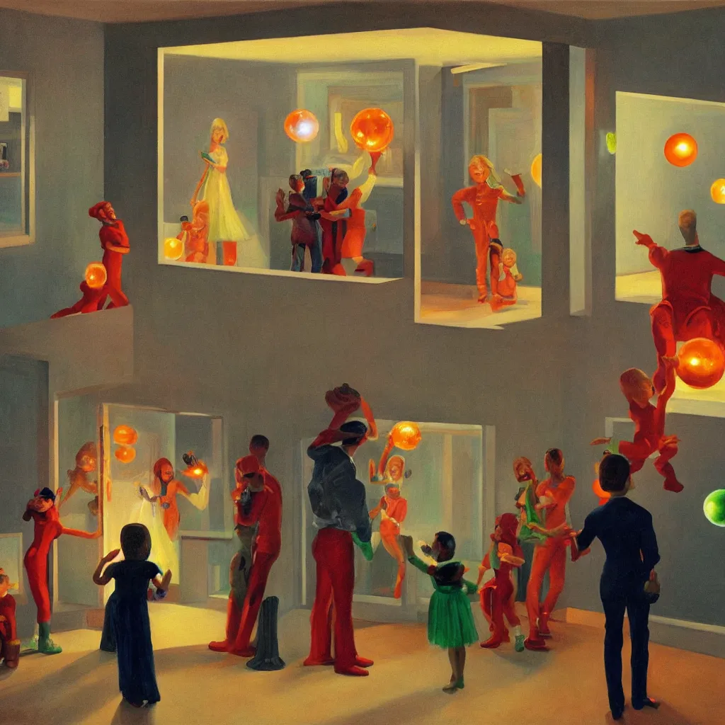 Prompt: painting of a costumed family being shown how to open portals by a large glowing alien in their suburban living room maze, designed by gucci, energetic glowing orbs in the air, in the style of edward hopper and james jean
