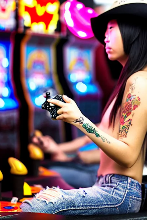 Prompt: full view, from a distance, of taiwanese girl with tattoos, wearing a cowboy hat, playing video games in arcade, highly detailed