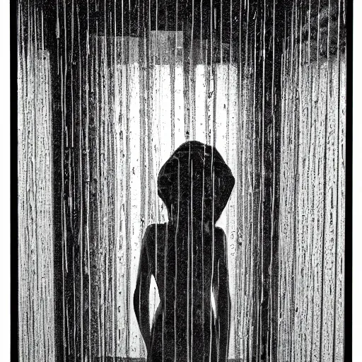 Prompt: young person looking through water wall, with clear glass, melancholic, sad, lots of raindrops, detailed, cinematic, dramatic lighting, by al feldstein