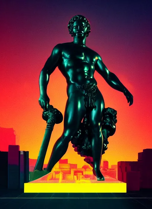 Image similar to black background, statue of hercules, beeple, vaporwave, retrowave, glitch, pixel sorting, strong contrast, pinterest, trending on artstation