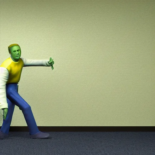 Image similar to 3 d render of jerma 9 8 5, jerma in a liminal space, non - euclidean space, endless halls of an office space, worn mono - yellow 7 0 s wallpaper, old moist carpet, inconsistently - placed fluorescent lighting, high octane, blender, 3 d render