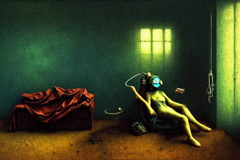 Image similar to girl with wearing a gas mask lying on the sofa reading a book in her room, in the style of beksinski, solarpunk, atmospheric, intricate and epic composition, green by caravaggio, insanely quality, highly detailed, masterpiece, blue light, artstation, 4 k