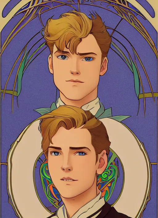 Image similar to well - lit art nouveau portrait of a young man with short blond hair, natural lighting, path traced, highly detailed, high quality, cartoon, digital painting, by don bluth and ross tran and studio ghibli and alphonse mucha