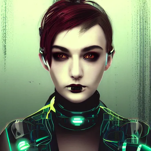 Image similar to digital artwork of woman wearing technological large steel collar, choker on neck, cyberpunk art style, 4K, portrait, punk hairstyle,