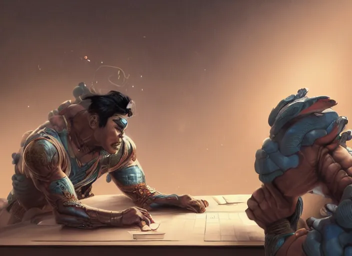 Image similar to an insanely detailed painting of an asian man wearing a homemade superhero costume, sitting at a desk, staring seriously at the computer and typing, in the style of peter mohrbacher, james jean, artgerm, dramatic lighting and composition, surreal background, octane render, pixar, trending on artstation, concept art, comic book, view from behind, 8 k