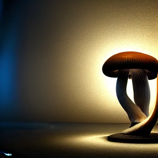 Image similar to : abstract sculpture in mushroom feild cinematic lighting, hyper - realistic, detailed, render by c 4 d octane, unreal engine, 8 k 3 d render