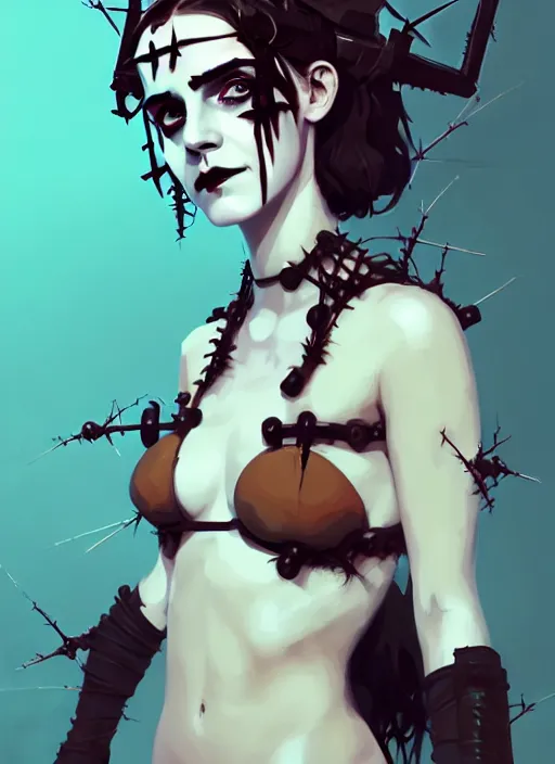 Prompt: portrait of cute goth emma watson with crown of thorns in cyber bikini armor, warhammer, cyberpunk, by atey ghailan, by greg rutkowski, by greg tocchini, by james gilleard, by joe fenton, by kaethe butcher, dynamic lighting, gradient light blue, brown, blonde cream and white color in scheme, grunge aesthetic